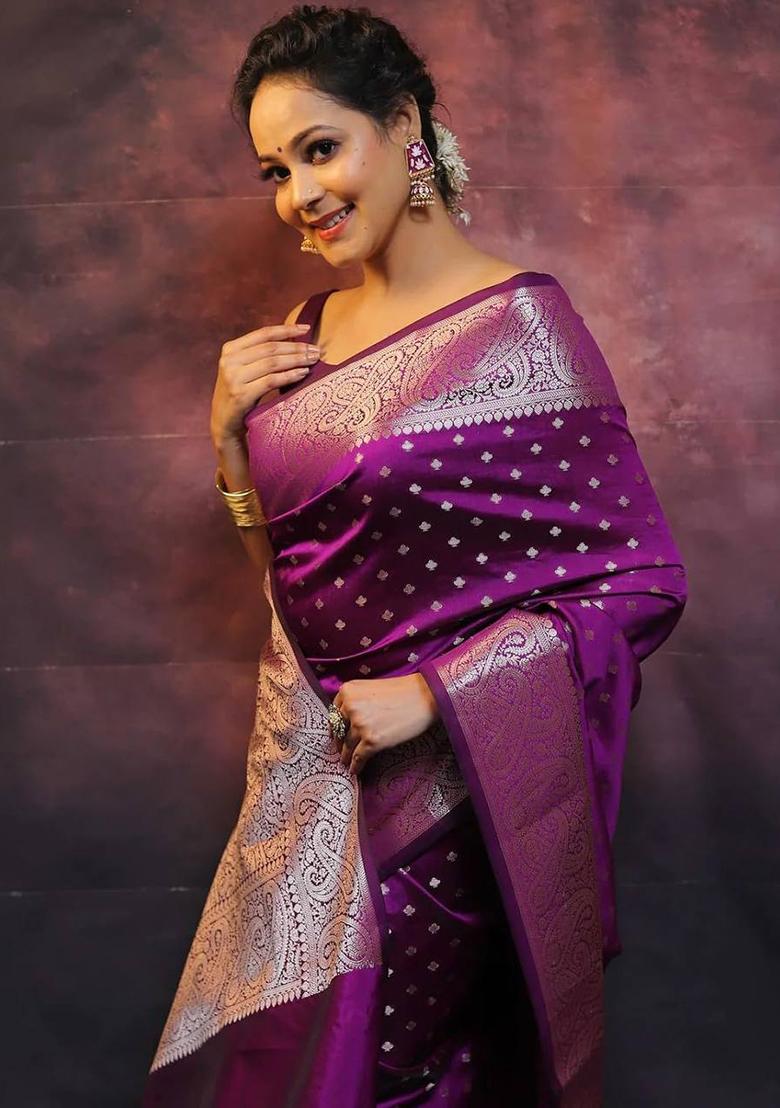 Purple Embroidery Silk Saree Set - Indya