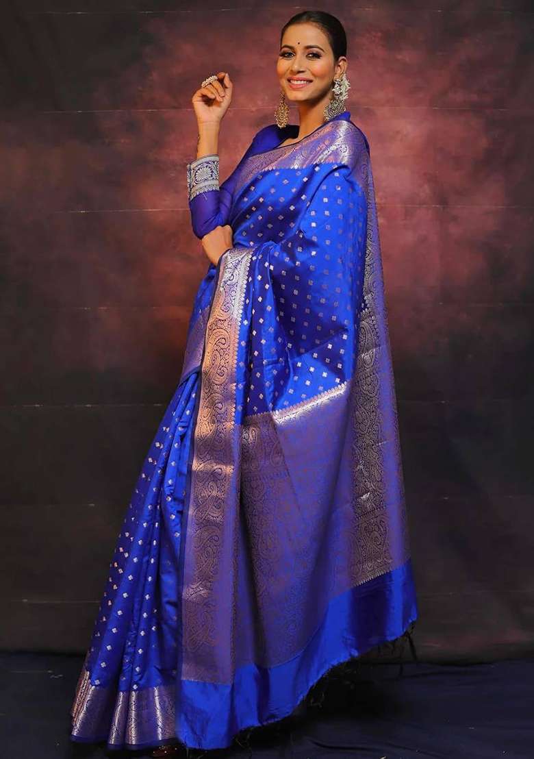 Blue Embroidery Silk Blend Saree Set for Diwali and Festive Wear - Indya