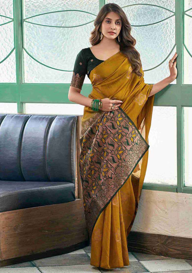 Mehandi Silk Blend Saree Set with Embroidery for Diwali | Wedding & Festive Wear - Indya
