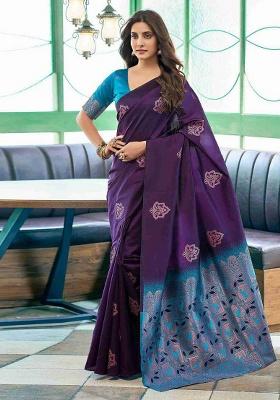 Purple Embroidery Silk Saree Set