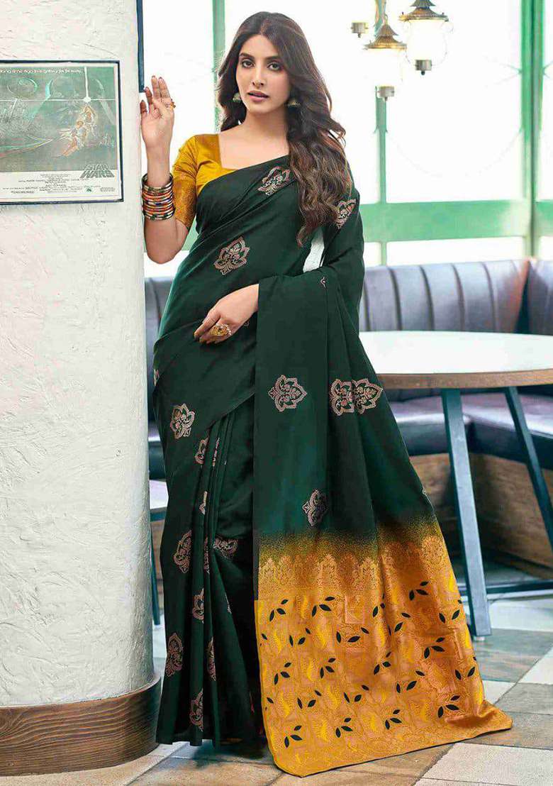 Green Embroidery Silk Blend Saree Set for Diwali and Festive Wear - Indya