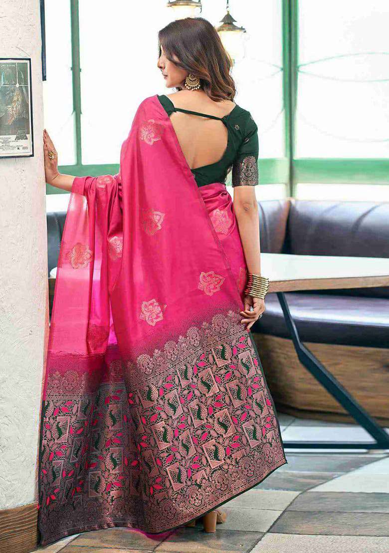 Pink Silk Blend Saree Set with Embroidery for Diwali | Wedding & Festive Wear - Indya