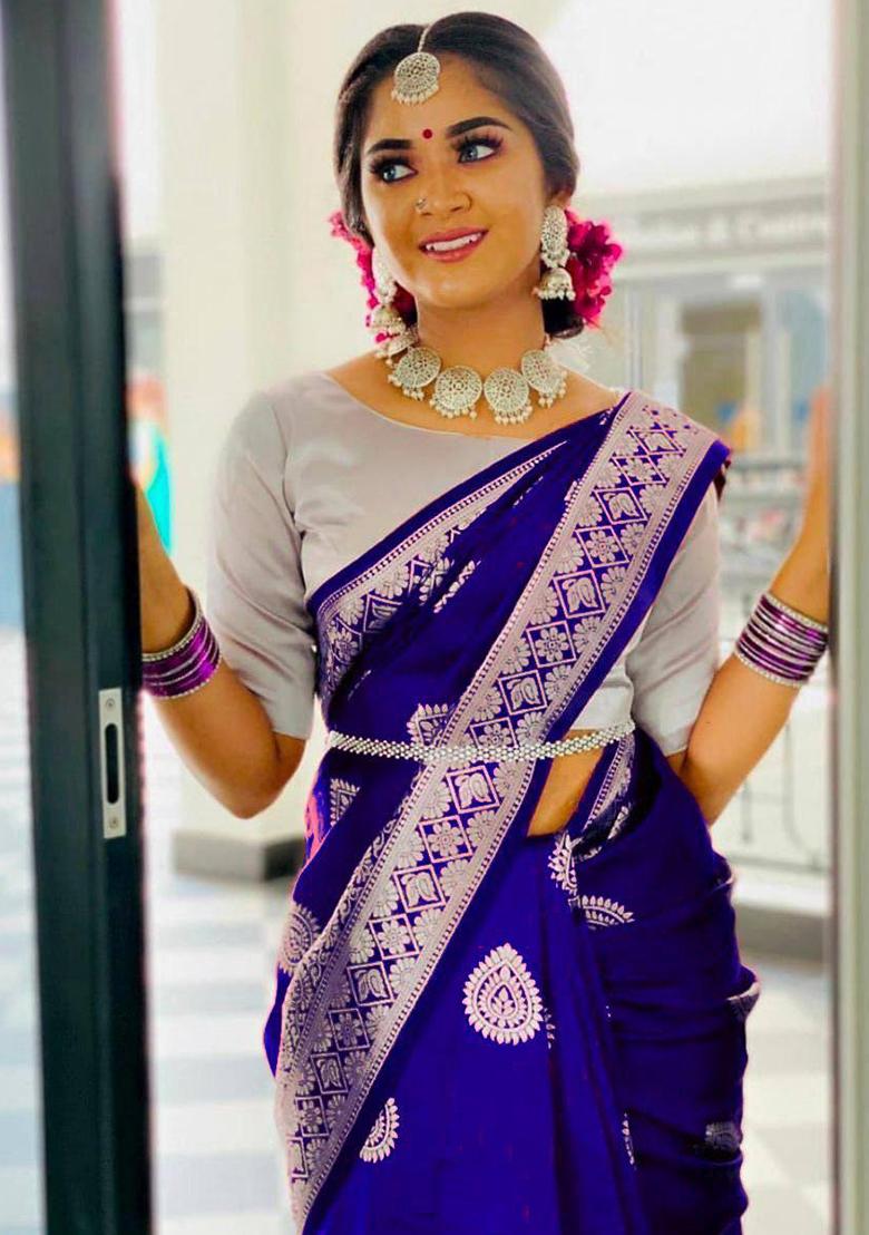 Blue Embroidery Silk Saree Set - Indya