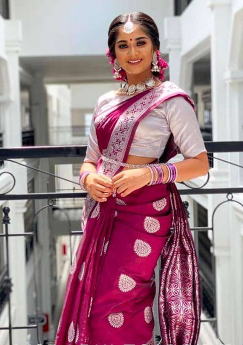 Maroon Silk Blend Saree Set with Embroidery for Diwali | Wedding & Festive Wear - Indya