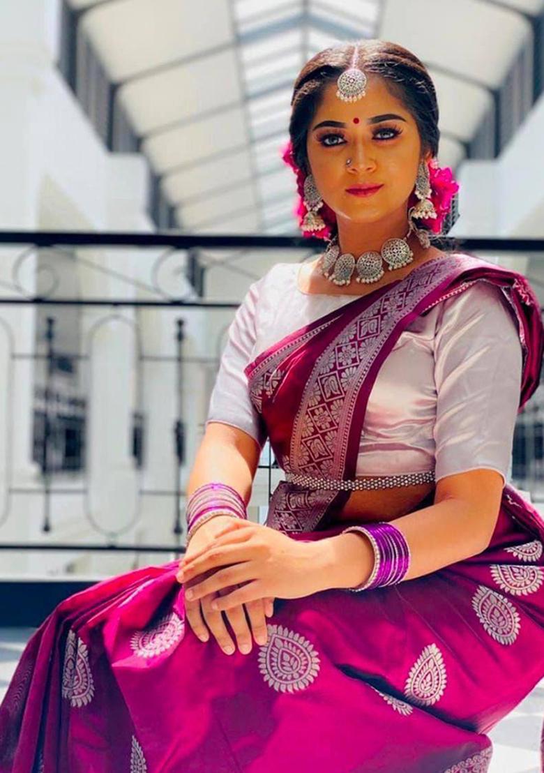 Maroon Embroidery Silk Saree Set - Indya