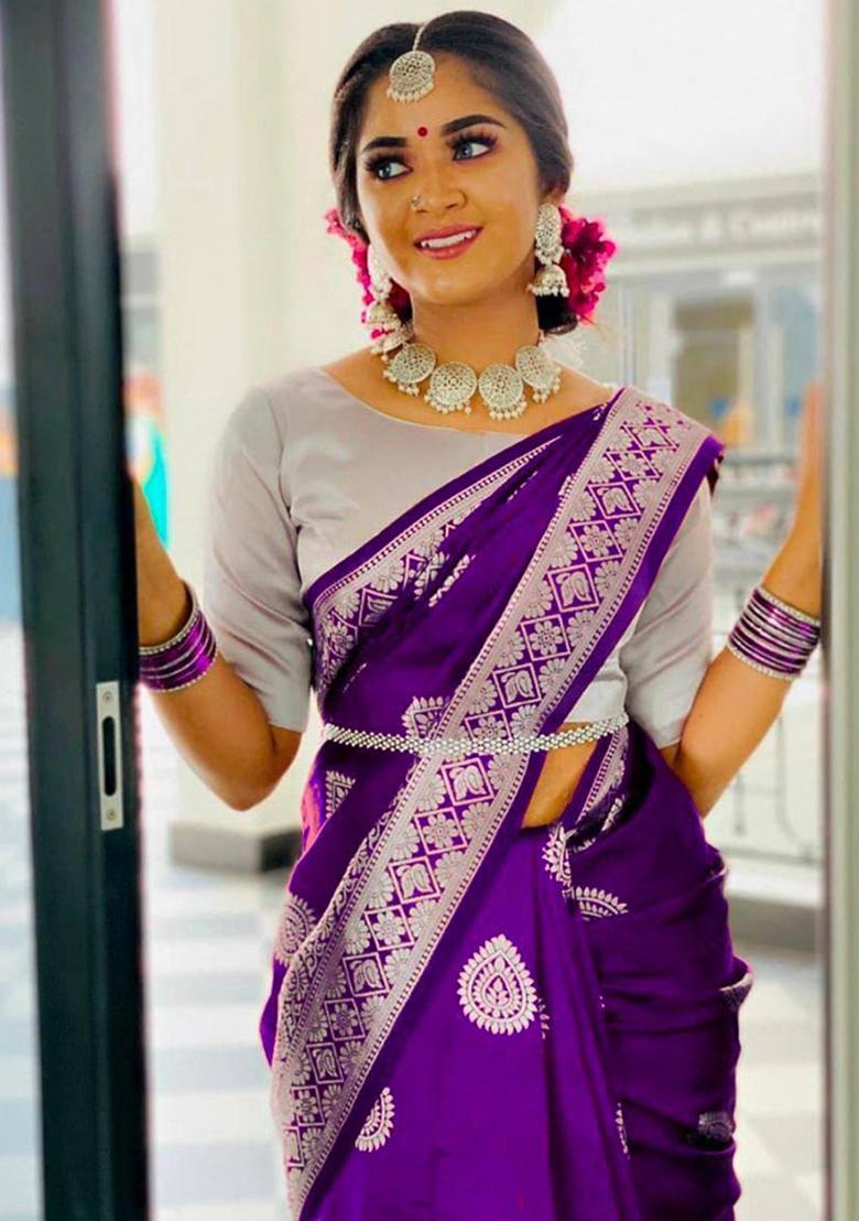 Purple Embroidery Silk Saree Set - Indya