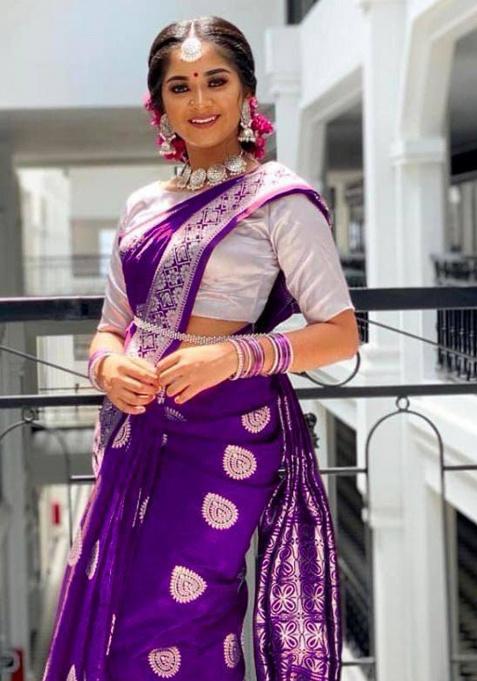 Purple Embroidery Silk Saree Set
