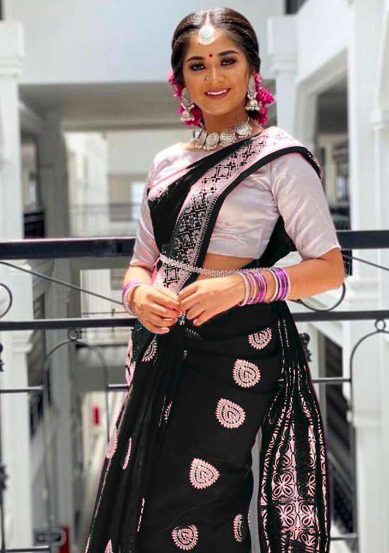 Black Silk Blend Saree Set with Embroidery for Diwali | Wedding & Festive Wear - Indya