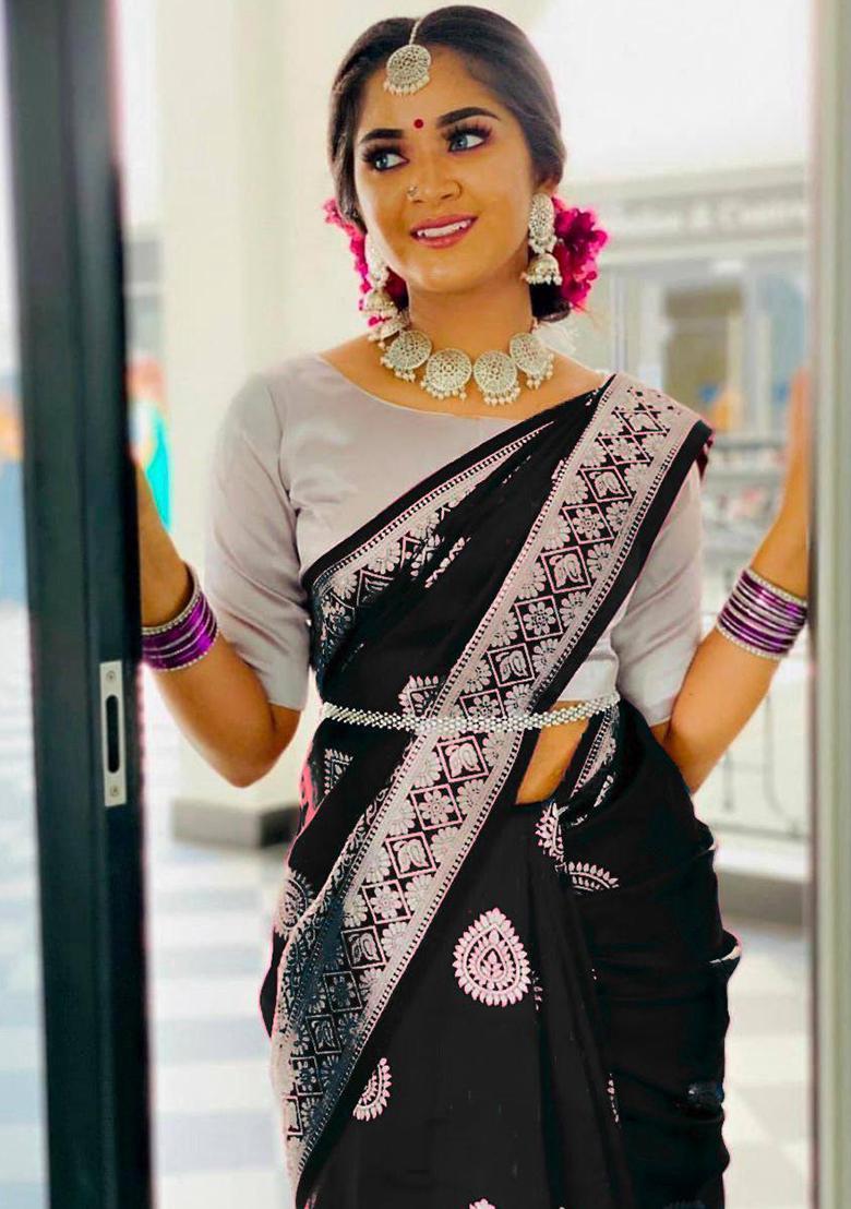 Black Embroidery Silk Saree Set - Indya