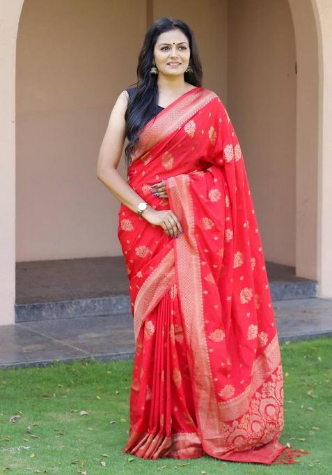 Red Embroidery Silk Saree Set