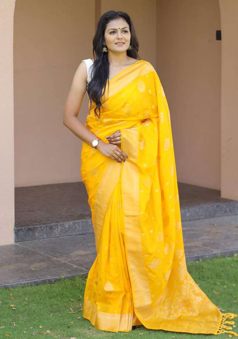 Yellow Silk Blend Saree Set with Embroidery for Diwali | Wedding & Festive Wear - Indya