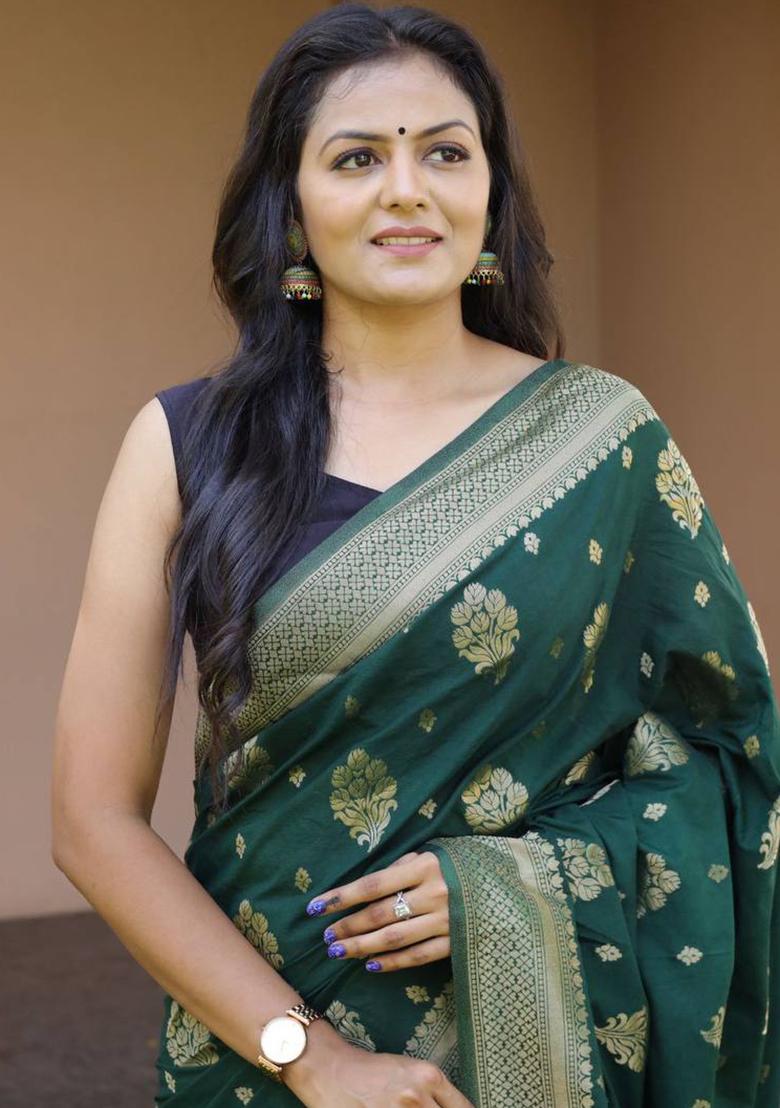 Green Embroidery Silk Saree Set - Indya