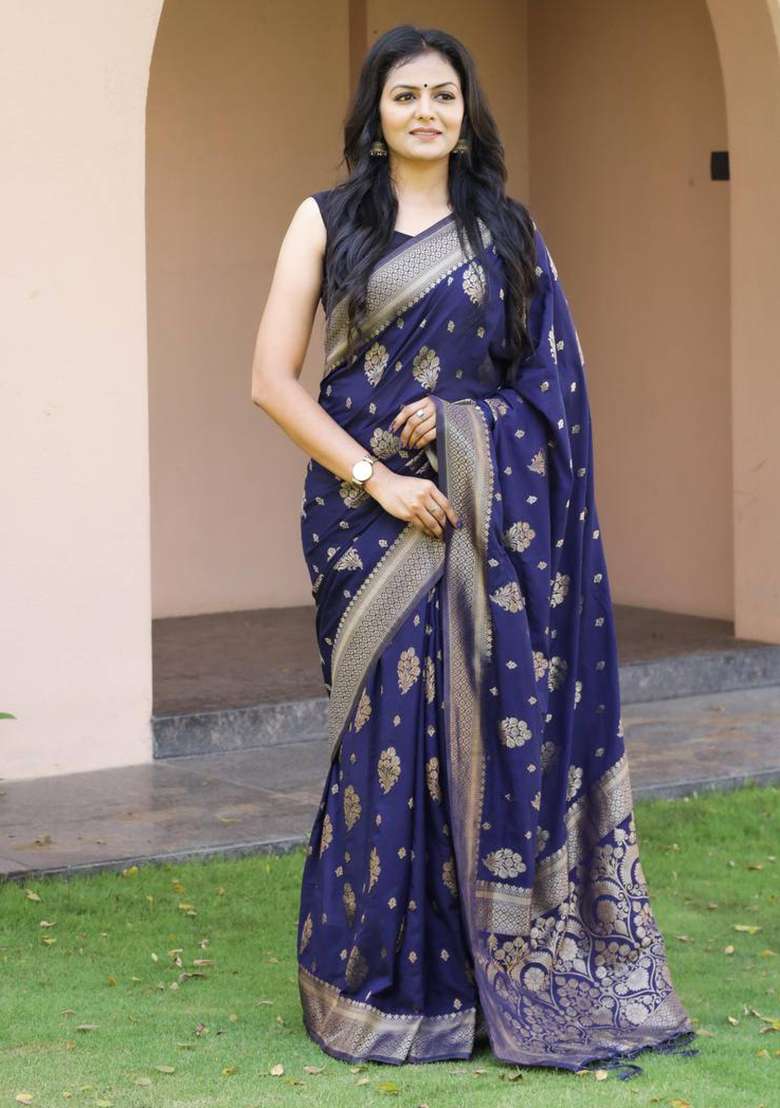 Dark Blue Embroidery Silk Blend Saree Set for Diwali and Festive Wear - Indya