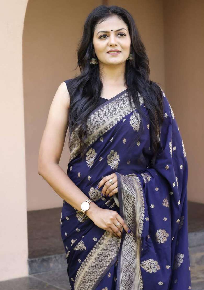 Dark Blue Embroidery Silk Blend Saree Set for Diwali and Festive Wear - Indya
