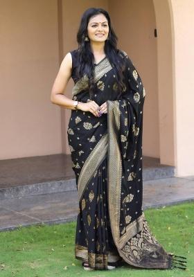 Black Embroidery Silk Saree Set