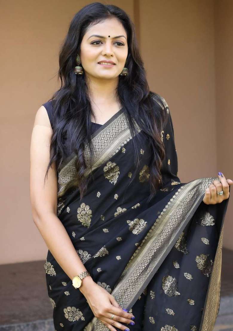 Black Silk Blend Saree Set with Embroidery for Diwali | Wedding & Festive Wear - Indya