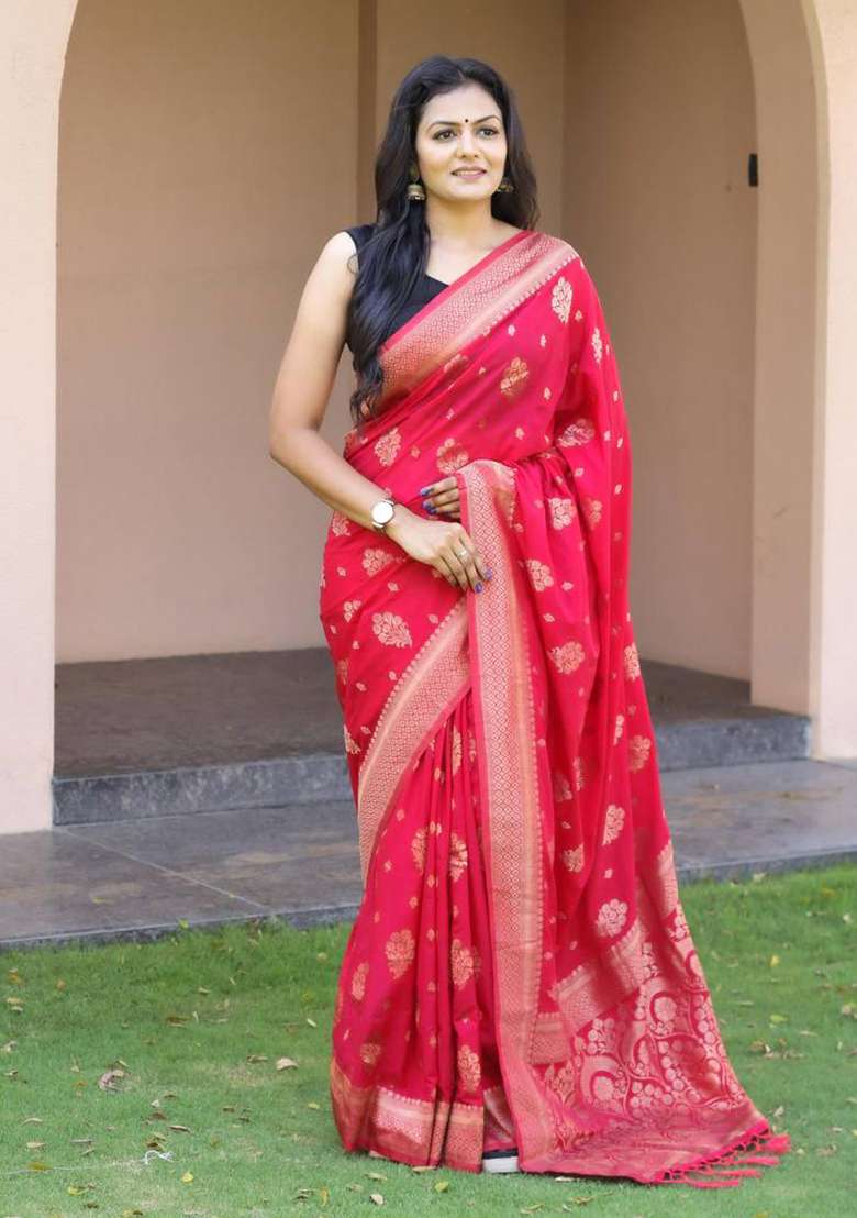Rani Pink Embroidery Silk Blend Saree Set for Diwali and Festive Wear - Indya