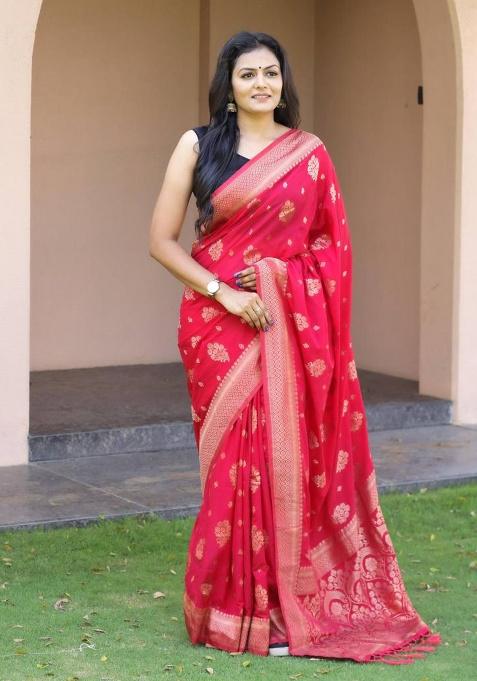 Rani Pink Embroidery Silk Saree Set