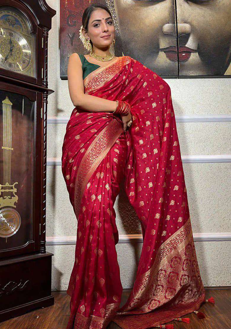 Red Silk Blend Saree Set with Embroidery for Diwali | Wedding & Festive Wear - Indya