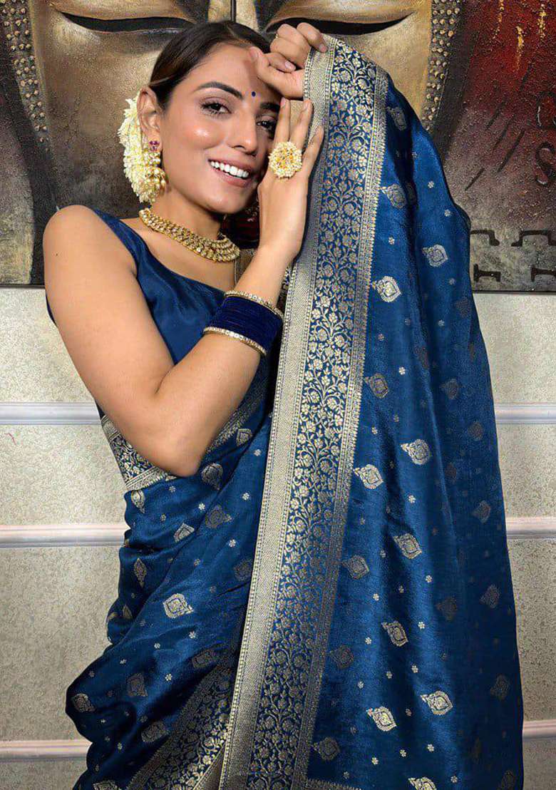 Blue Silk Blend Saree Set with Embroidery for Diwali | Wedding & Festive Wear - Indya