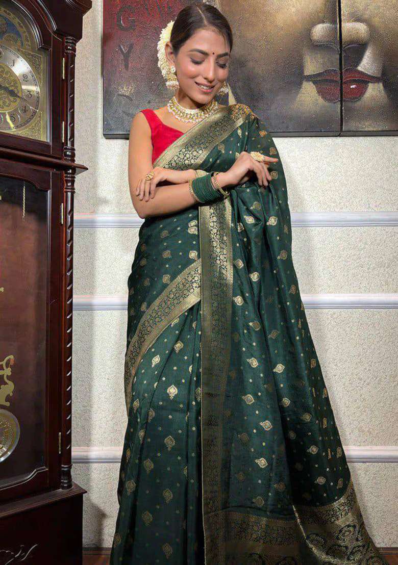 Green Silk Blend Saree Set with Embroidery for Diwali | Wedding & Festive Wear - Indya