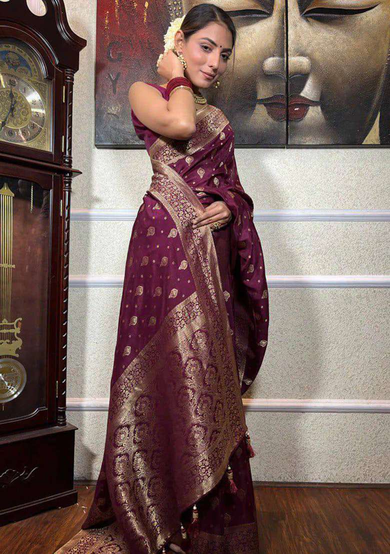 Purple Silk Blend Saree Set with Embroidery for Diwali | Wedding & Festive Wear - Indya
