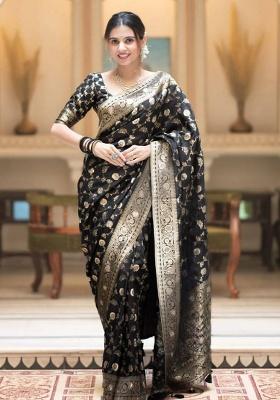 Black Embroidery Silk Saree Set