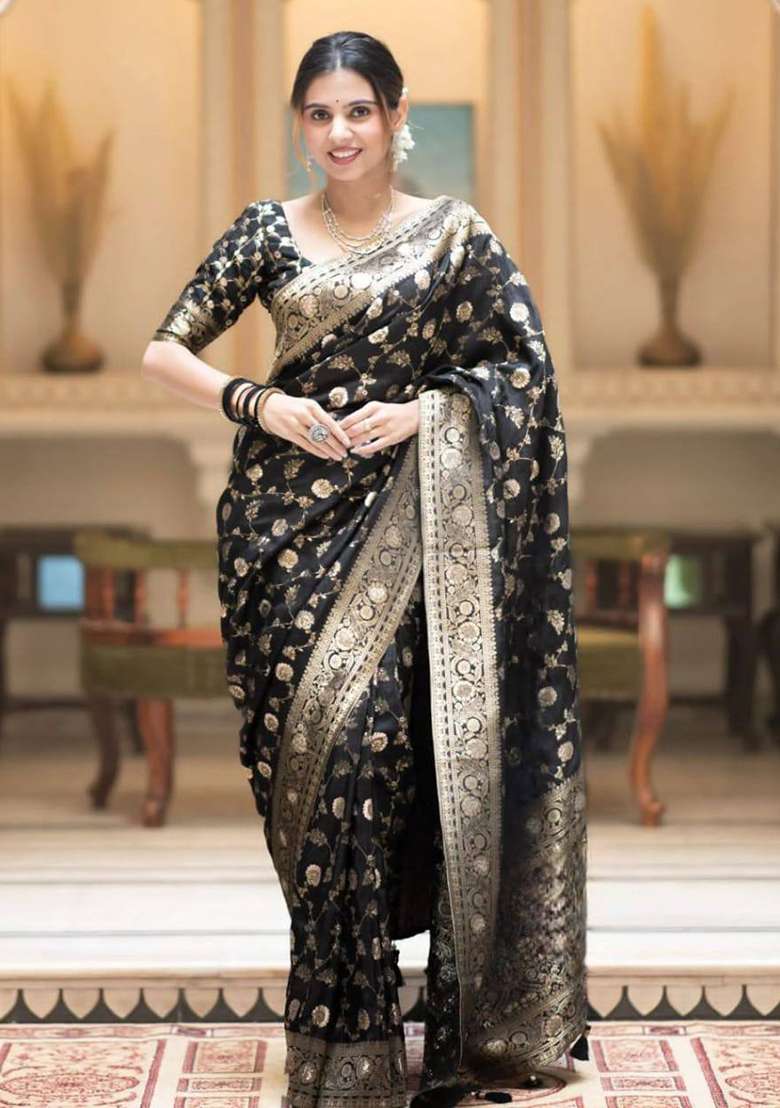 Black Silk Blend Saree Set with Embroidery for Diwali | Wedding & Festive Wear - Indya