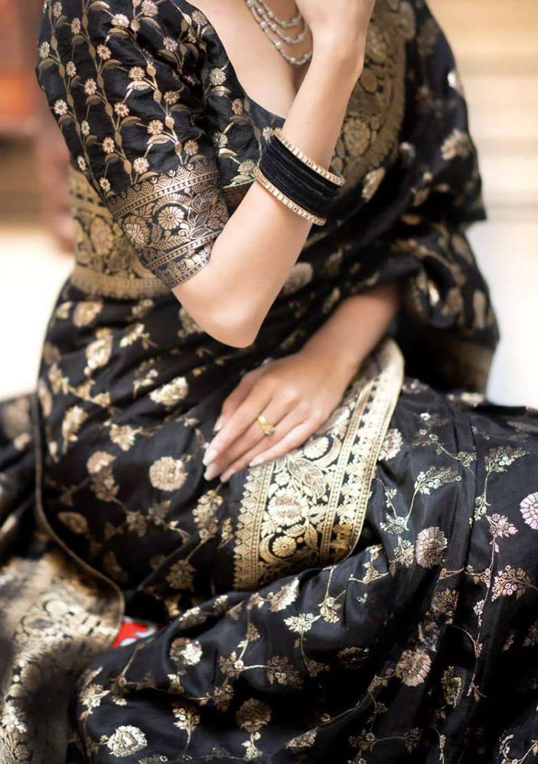 Black Silk Blend Saree Set with Embroidery for Diwali | Wedding & Festive Wear - Indya
