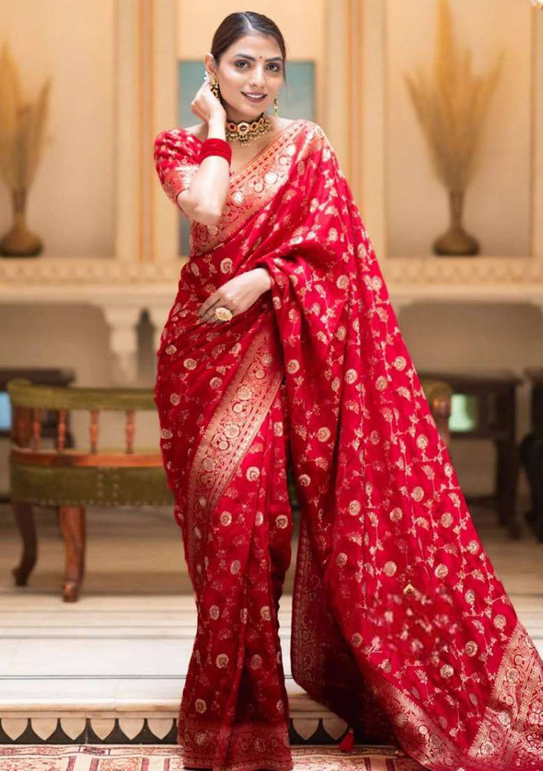 Red Silk Blend Saree Set with Embroidery for Diwali | Wedding & Festive Wear - Indya