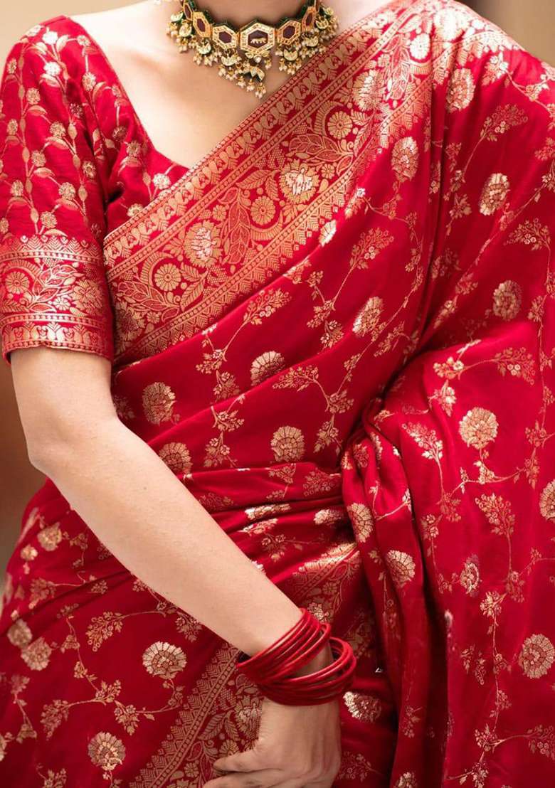 Red Silk Blend Saree Set with Embroidery for Diwali | Wedding & Festive Wear - Indya