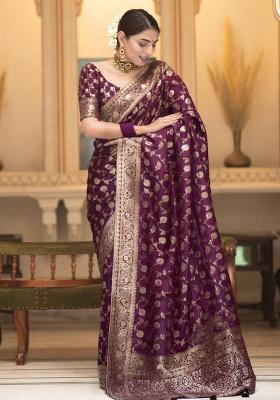 Purple Embroidery Silk Saree Set