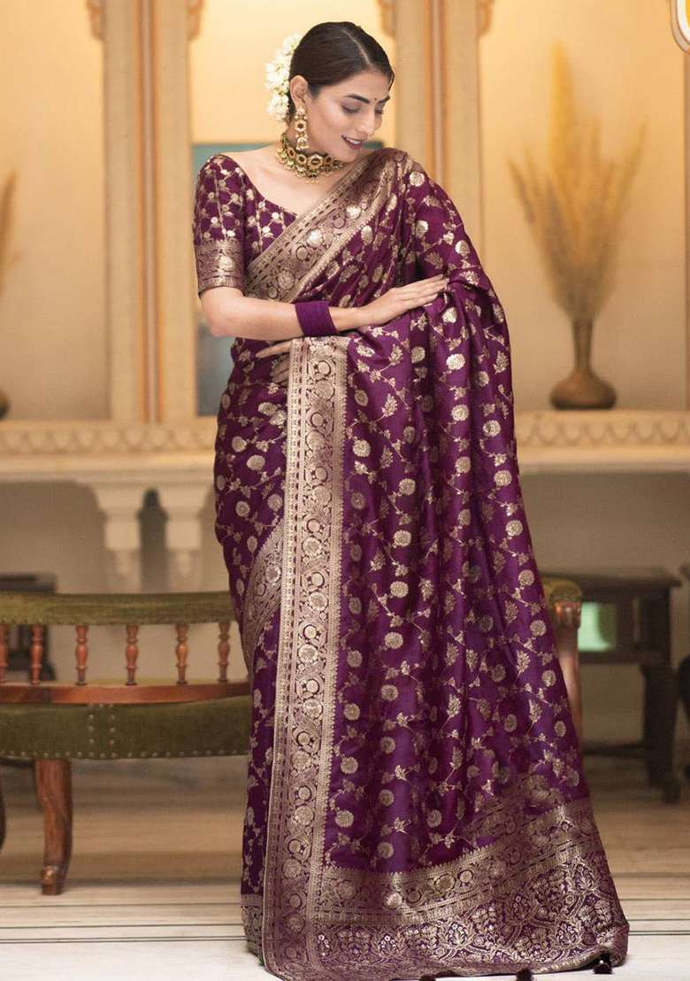 Purple Embroidery Silk Blend Saree Set for Diwali and Festive Wear - Indya