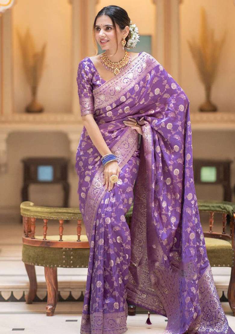 Lavender Silk Blend Saree Set with Embroidery for Diwali | Wedding & Festive Wear - Indya