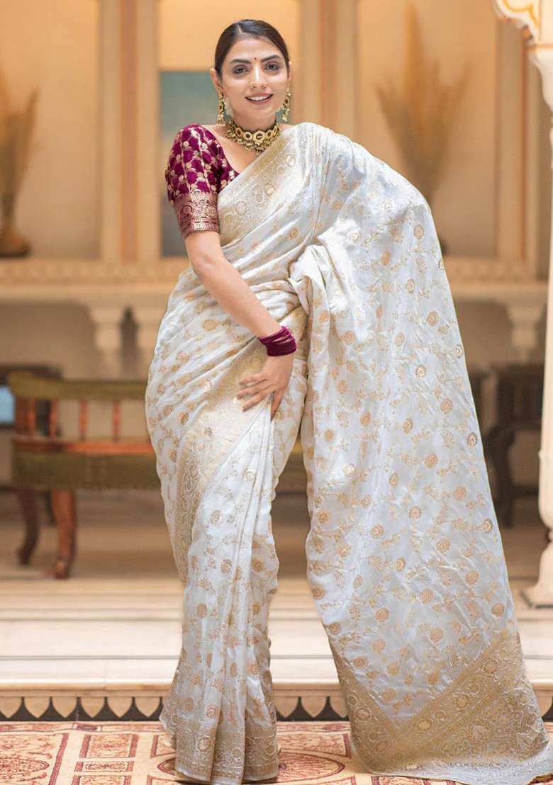 White Embroidery Silk Blend Saree Set for Diwali and Festive Wear - Indya