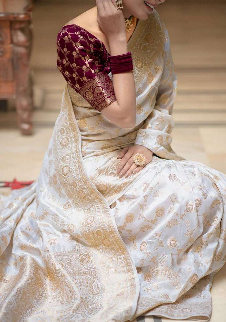 White Embroidery Silk Blend Saree Set for Diwali and Festive Wear - Indya