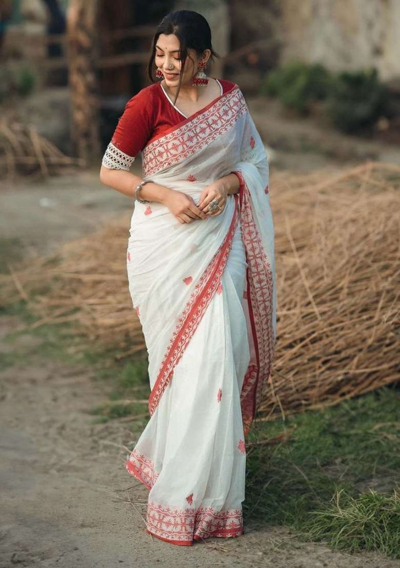 White Embroidery Linen Saree Set for Diwali and Festive Wear - Indya