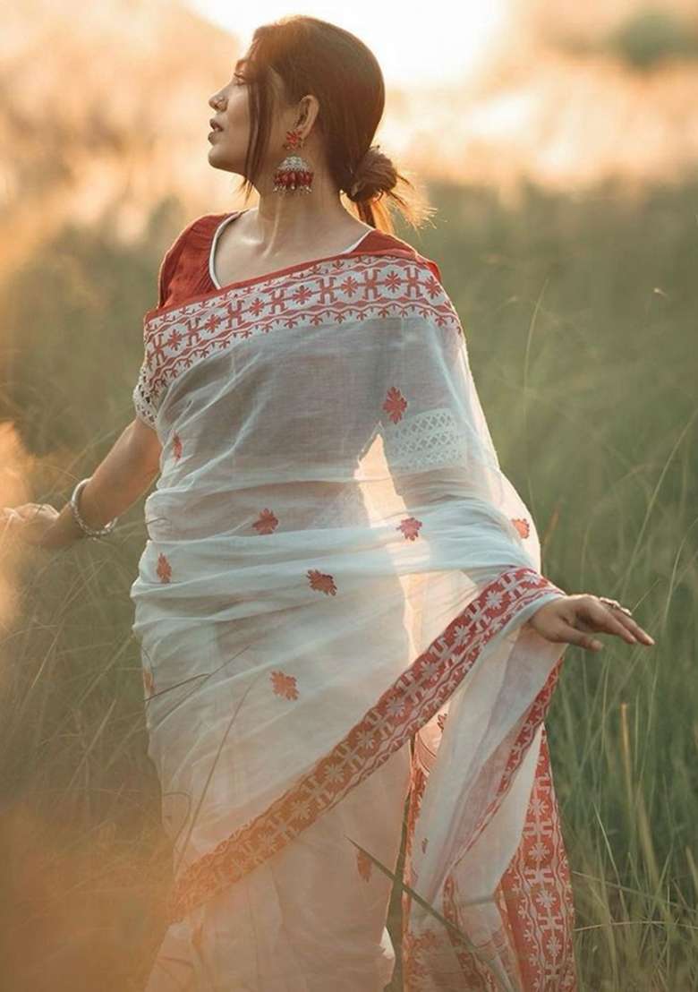 White Embroidery Linen Saree Set for Diwali and Festive Wear - Indya