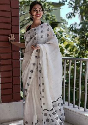 White Embroidery Linen Saree Set