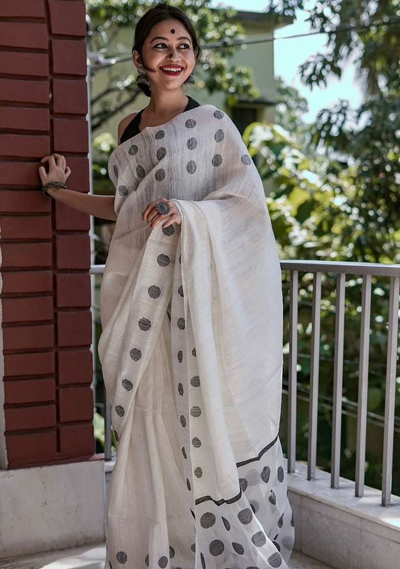 White Linen Saree Set with Embroidery for Diwali | Wedding & Festive Wear - Indya