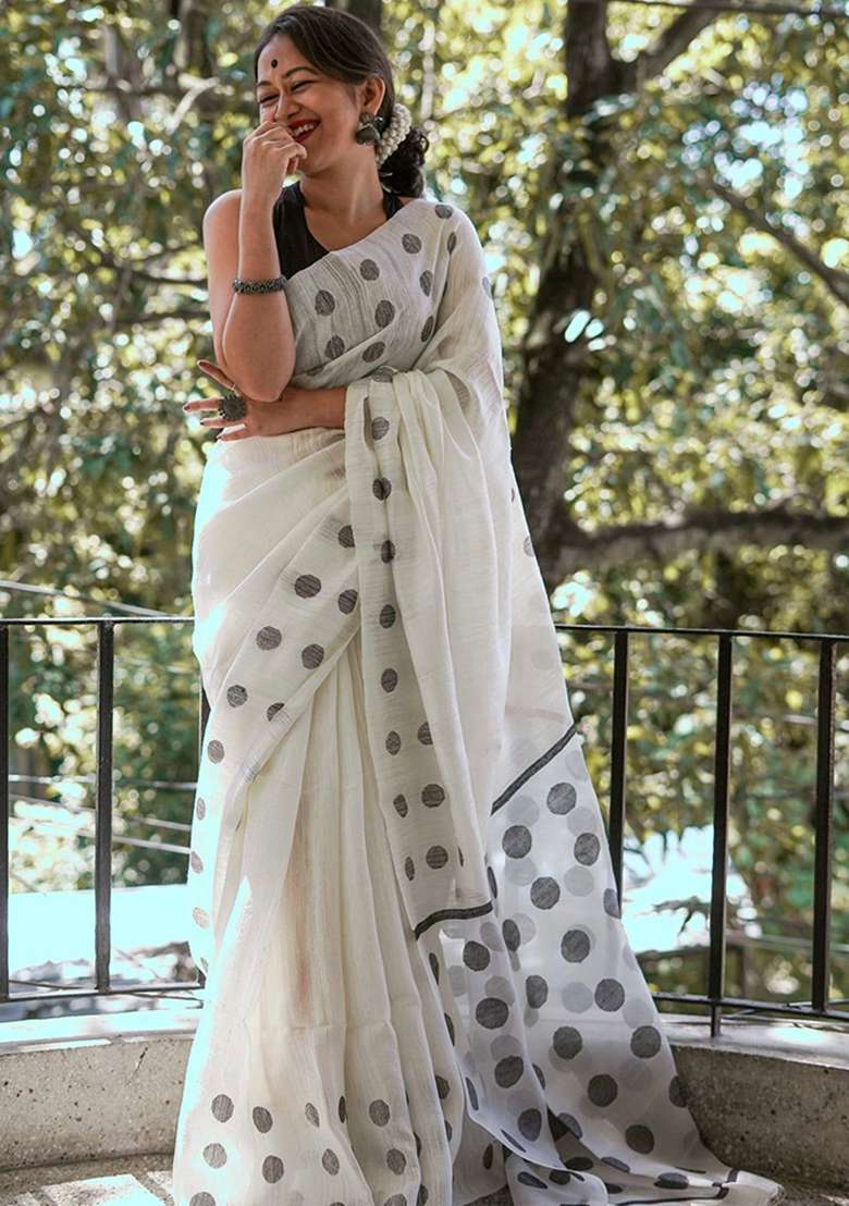 White Linen Saree Set with Embroidery for Diwali | Wedding & Festive Wear - Indya