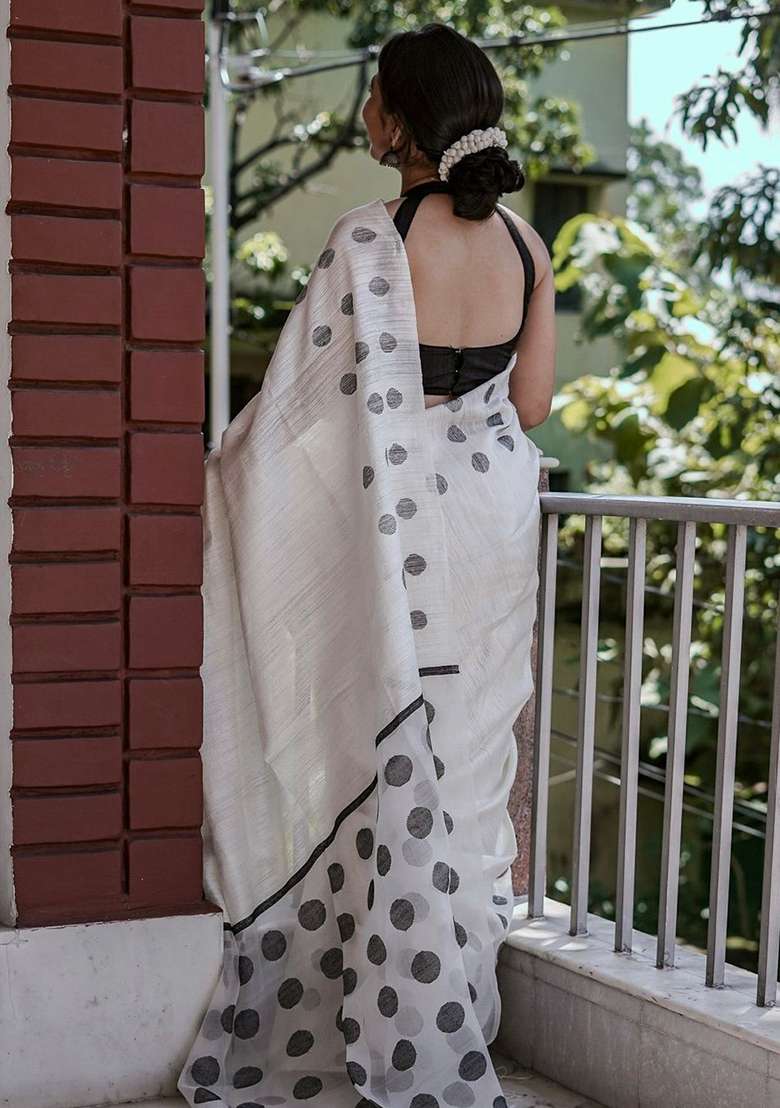 White Linen Saree Set with Embroidery for Diwali | Wedding & Festive Wear - Indya