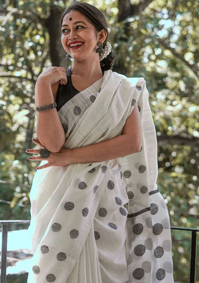 White Linen Saree Set with Embroidery for Diwali | Wedding & Festive Wear - Indya