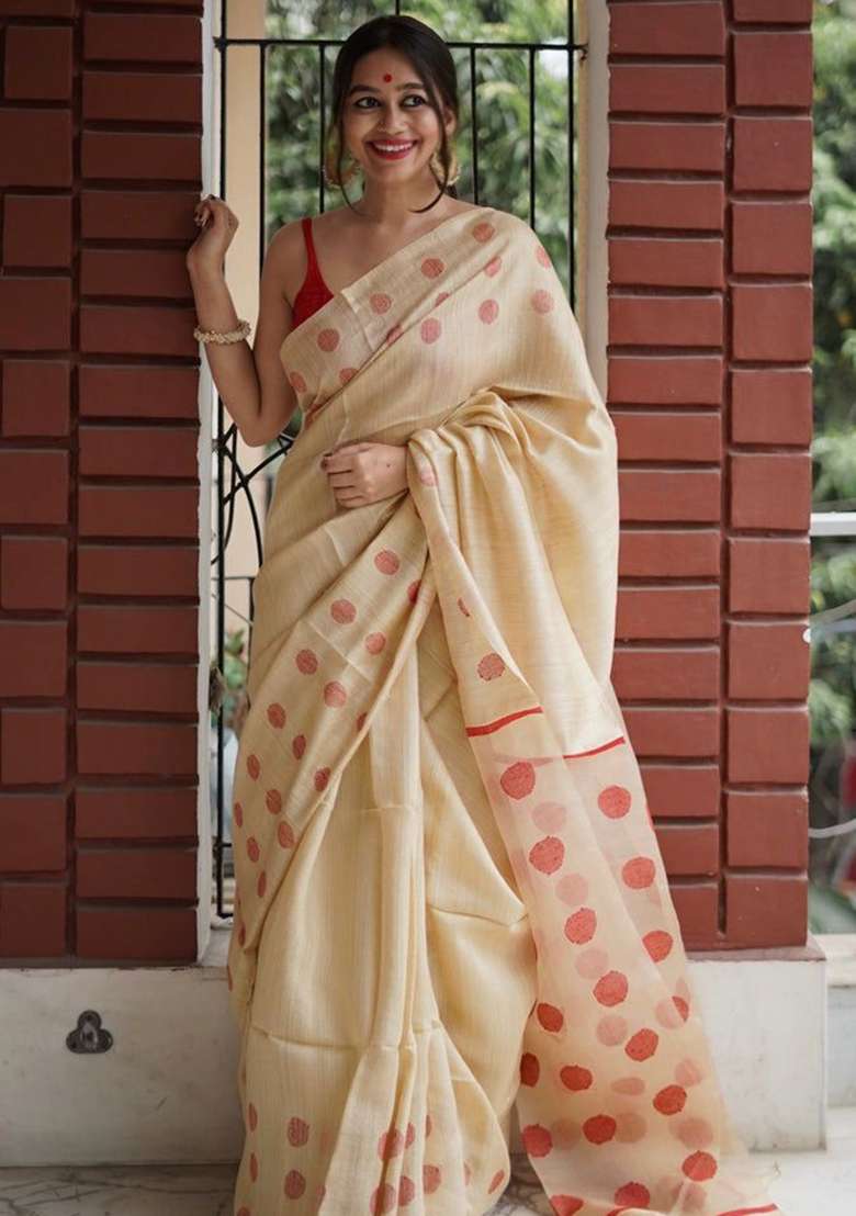 Beige Linen Saree Set with Embroidery for Diwali | Wedding & Festive Wear - Indya