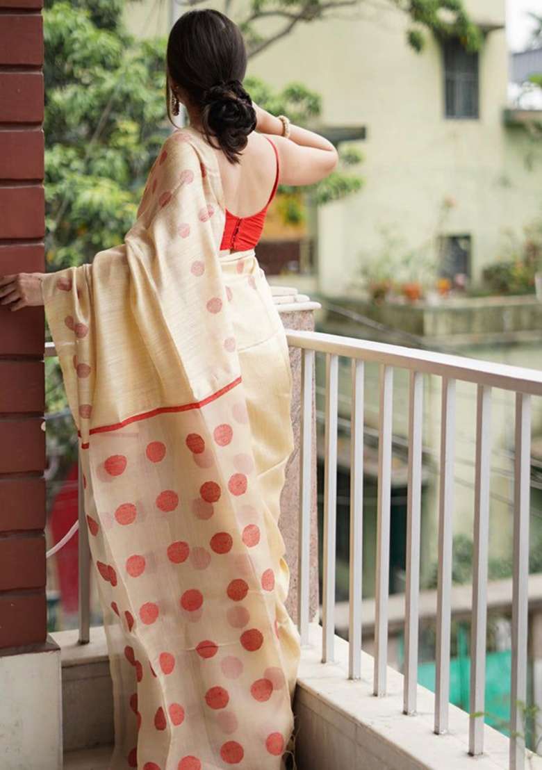 Beige Linen Saree Set with Embroidery for Diwali | Wedding & Festive Wear - Indya