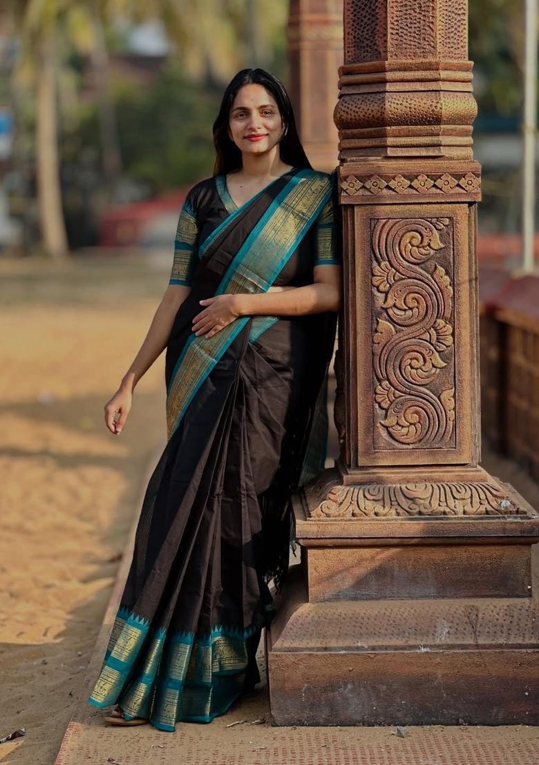 Black And Firozi Weaving Work Cotton Saree - Indya