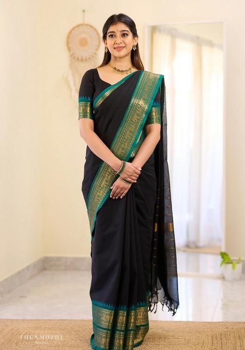 Black And Firozi Weaving Work Cotton Saree
