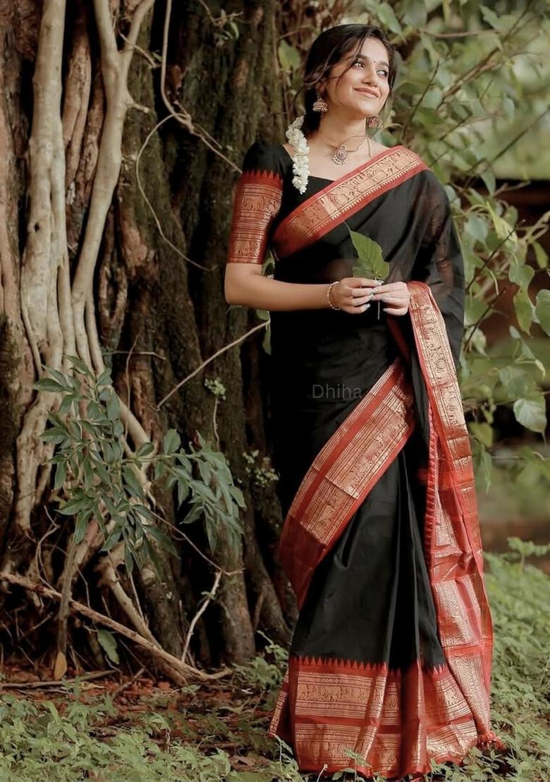 Black And Red Weaving Work Cotton Saree - Indya