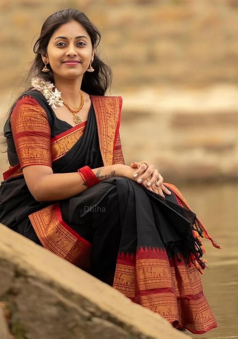 Black And Red Weaving Work Cotton Saree - Indya