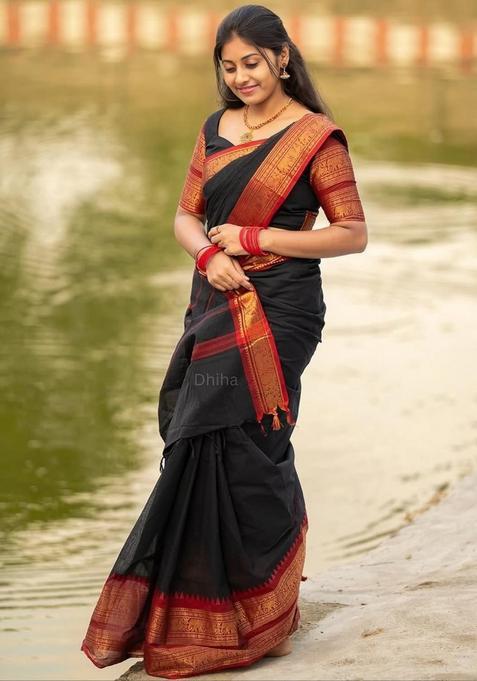 Black And Red Weaving Work Cotton Saree